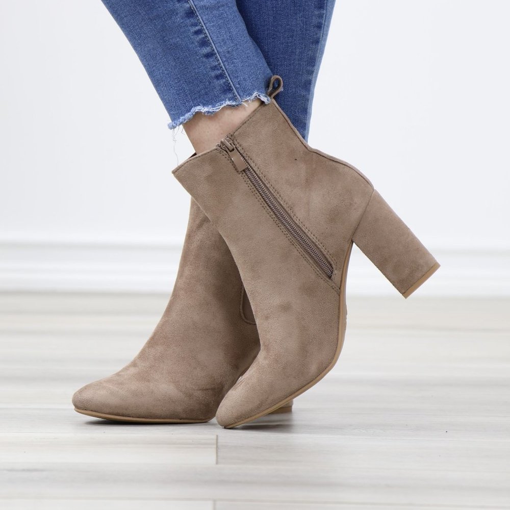 Taupe Suede Chelsea Round Toe Block High Heel Above Ankle Boots - Picture 8 of 12
